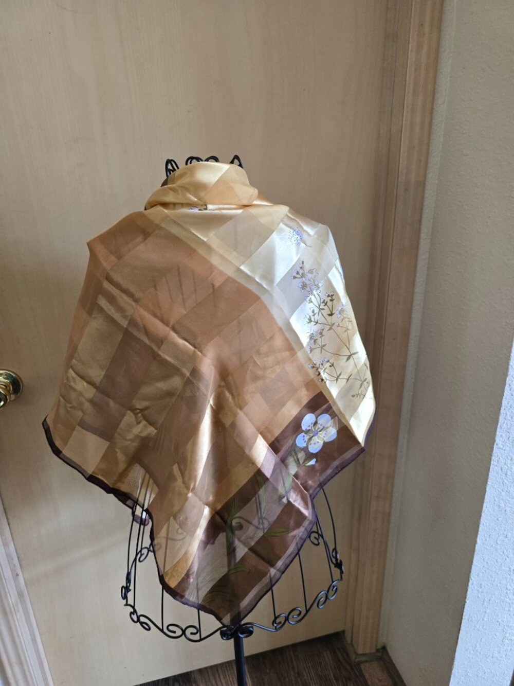 Beautiful Gold-Ivory-Green-Brown 39"x40" Floral Scarf - Picture 2 of 11